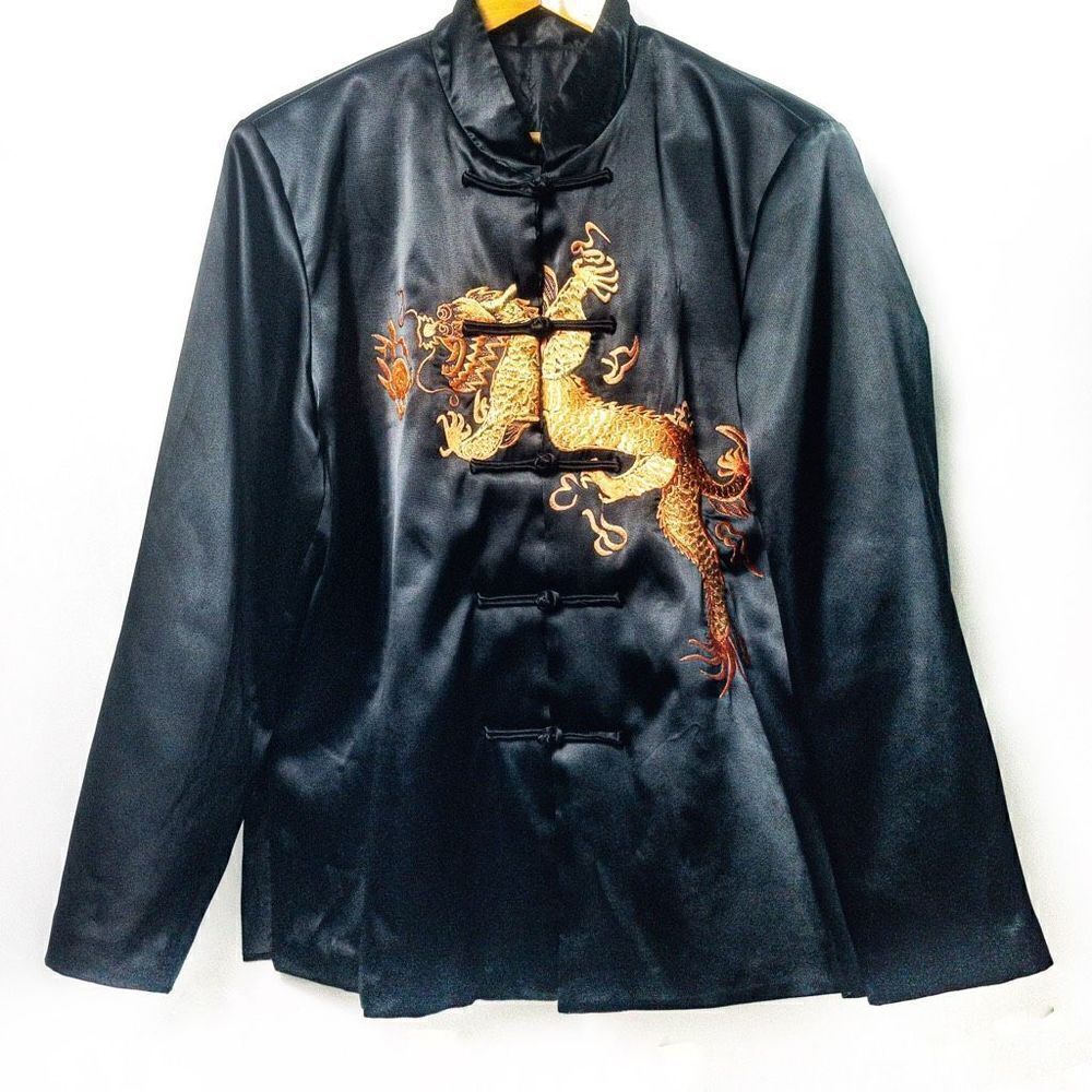 Black Satin Embroidered Chinese Dragon Mandarin Collar Tang Jacket Sz M